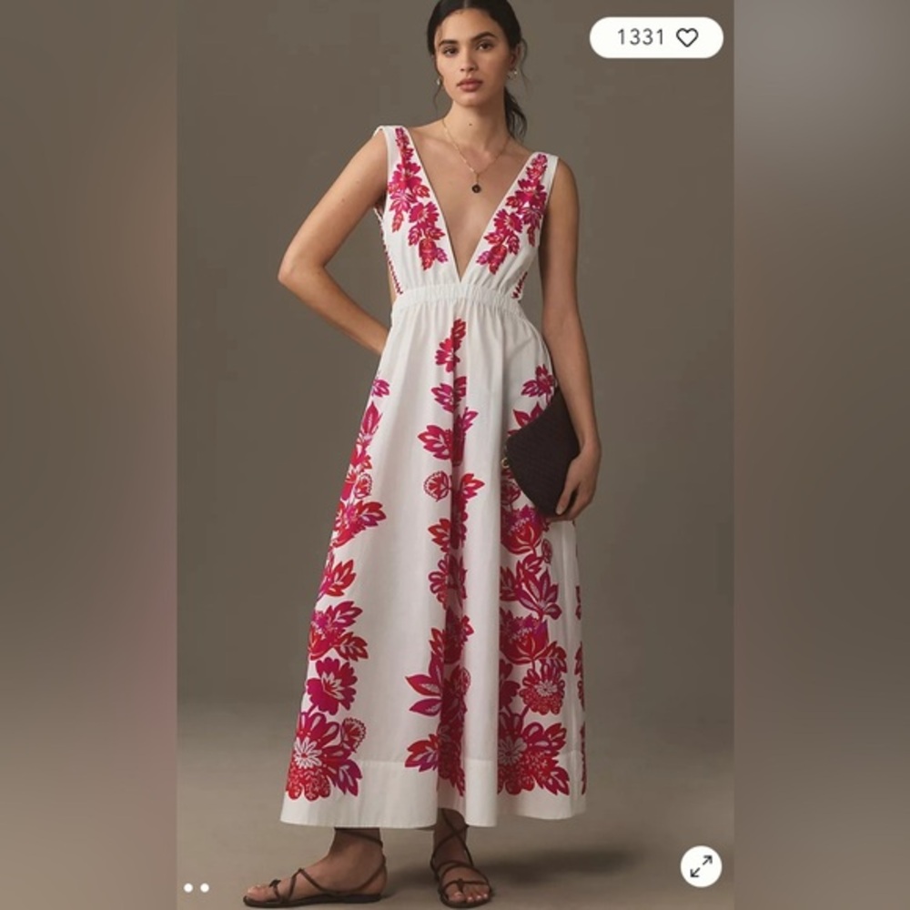 FARM Rio White Maxi Dress with Pink Floral Print NWT